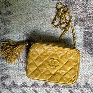 Chanel Yellow Quilted Crossbody Camera Bag Tassel 24K gold chain Vintage Rare